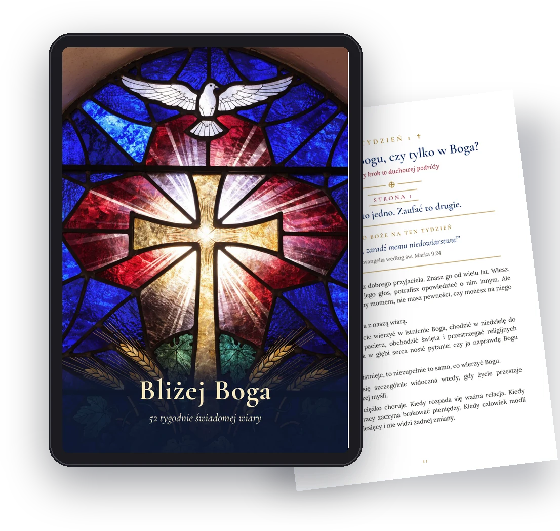 Ebook Bliżej Boga na tablecie i przykładowa strona z pierwszego tygodnia